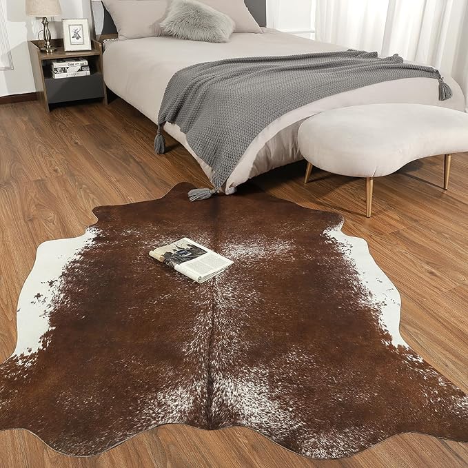 AROGAN Western Decor Faux Fur Cowhide Rug, Large Size Premium Animal Skin Cow Hide Rug, Sturdy Cow Print Rugs for Wall Decor, Western Floor Carpet for Bedroom Living Room, Brown