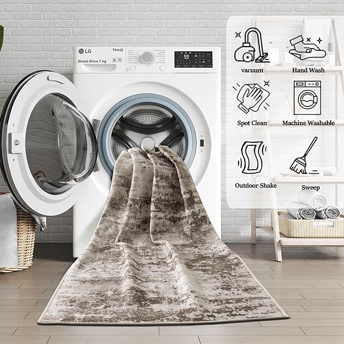 Abstract Washable Runner Rug, 2x8 Hallway Runner Rugs, No Pile, Tear and Stain Resistance, Non-Slip, Hand Woven Style Thin Kitchen Runners for High Traffic Hallway Entrance Laundry- Brown