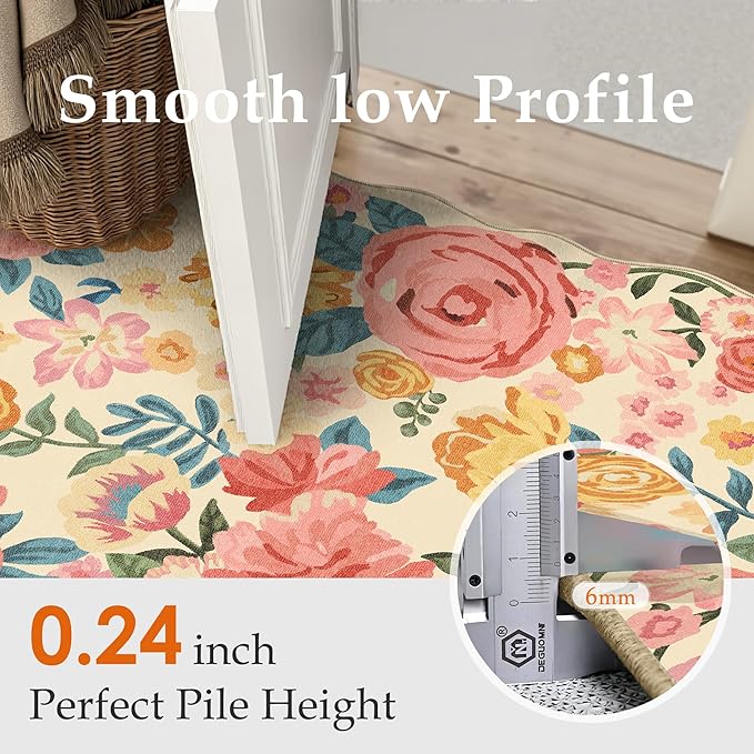 Washable Floral Area Rug 2x3 Beige Small Entryway Carpet Scalloped Flower Non Slip Soft Entrance Door Mat Farmhouse Low Pile Indoor Thin Floor Cover for Bathroom Kitchen Bedroom Laundry Room