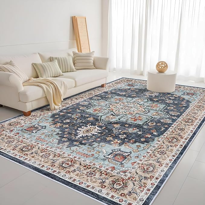 Washable Oriental Area Rug - 9x12 Rugs for Living Room Soft Carpet for Bedroom Waterproof Floral Distressed Indoor Stain Resistant Non-Shedding Floor Carpets (Blue/Teal/Orange, 9x12)