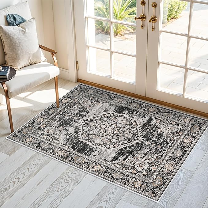 Washable Area Rugs 2x3 Entryway: Soft Ultra Thin Low Pile Mat Machine Washable Indoor Doormat Lightweight Entry Rug Anti Slip Backing Rugs for Living Room Bedroom Kitchen 2'x3' Black