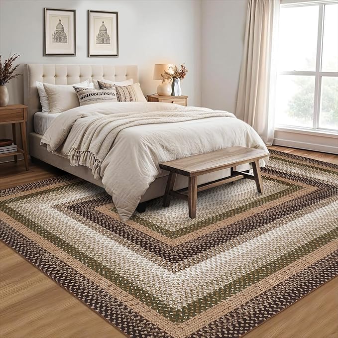 Imitation Braided Collection-Print Large Living Room Rugs 10x13 Washable Area Rug with Non-Slip Backing, Contemporary Bordered Accent Carpet, Farmhouse Low Pile Indoor Mat for Bedroom