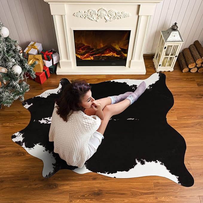BENRON Premium Cowhide Rug Black, Faux Cow Hide Rugs for Living Room Bedroom Western Home Decor, Non Slip Cute Rug with Irregular Animal Skins and Hides, 5.2 x 6.2ft