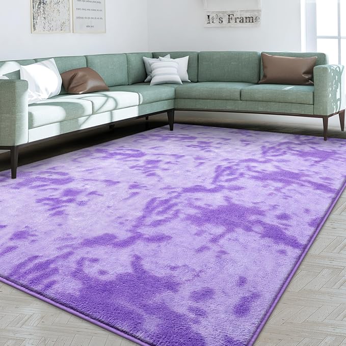 FlyDOIT Large Area Rugs for Living Room Bedroom, 7x10 Ft Tie-Dyed Purple Ultra Soft Comfy Thickened Memory-Foam Indoor Carpets, Cozy Modern Floor Rug for Boys Girls Playroom Dorm Nursery Home Décor
