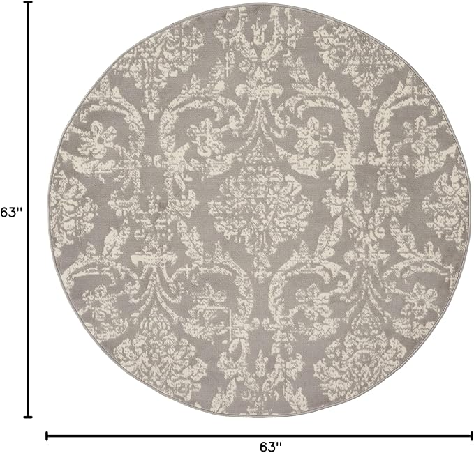 Nourison Jubilant Damask Grey 5'3'' x Round Area-Rug, Easy-Cleaning, Non Shedding, Bed Room, Living Room, Dining Room, Kitchen (5 Round)