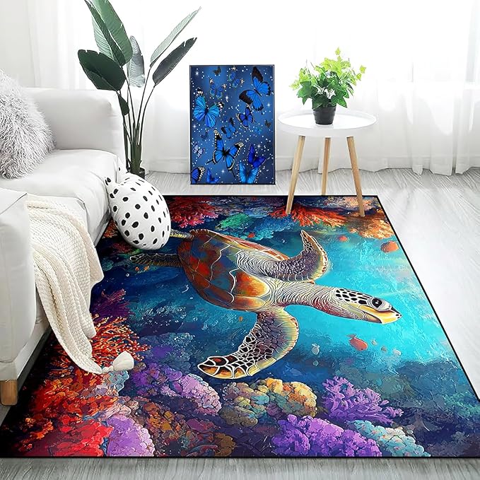 Sea Turtles Rug - Sea Turtle for Kids Boys Coastal Rugs for Bedroom Coral Ocean Life Theme Decor Ocean Carpet Rug, 4x5 Feet