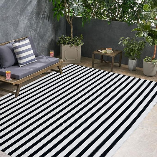 Black and White Outdoor Rug 4' x 6' Striped Front Porch Rug Hand-Woven Cotton Rug Machine Washable Floor Mat Indoor/Outdoor Area Rug for Layered Door Mats/Farmhouse/Living Room (4' x 6')