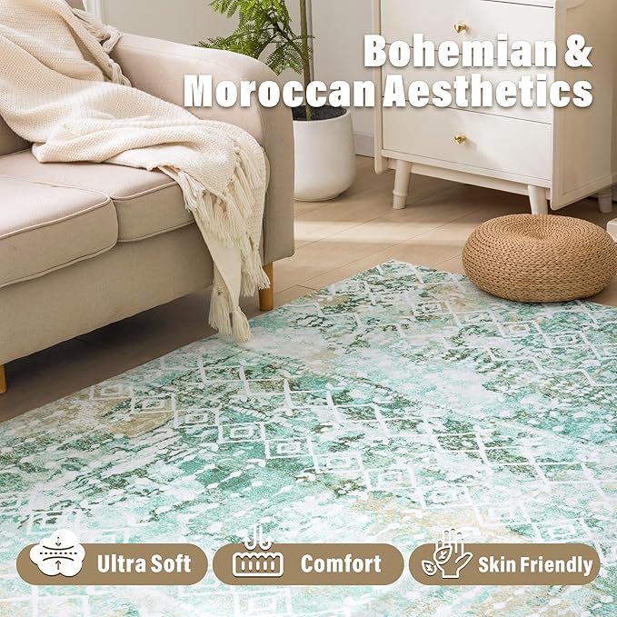 Carvapet Rugs for Living Room Bedroom, Green Boho Low Pile Large Carpet with Rubber Backing, Foldable, Non Slip Machine Washable (9 x 6 Feet Rectangular, Green Area Rug)