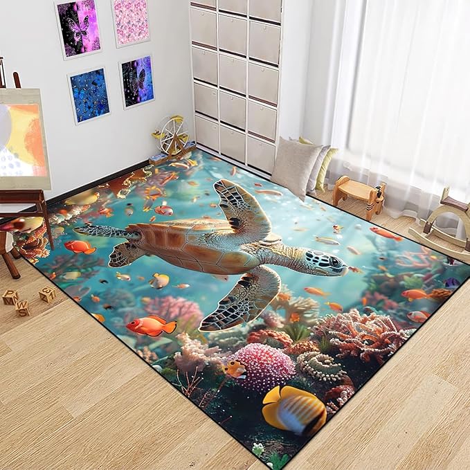 Sea Turtles Area Rug - Sea Turtle Rug for Bedroom Ocean Theme Rugs Coastal Rugs for Bedroom Ocean Animal Room Decor, 63 x 47 Inches
