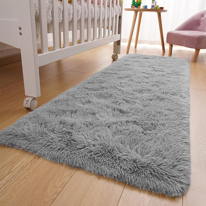 YJ.GWL Runner Rugs for Hallway, 2x4 Washable Small Grey Bedside Rugs for Living Room Bedroom, Soft Fluffy Shaggy Indoor Floor Carpet for Kids Boy and Girls Room Nursery Home Decor Aesthetic