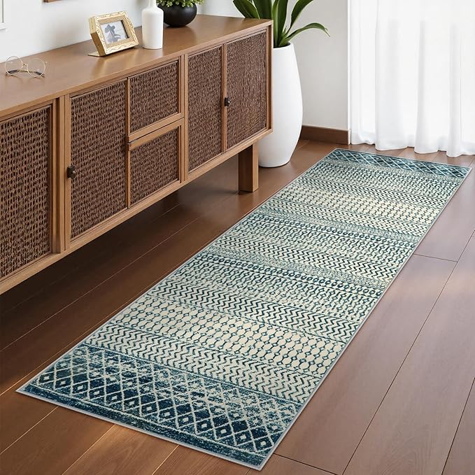 Moroccan Runner Rug 2'6''x8', Non Slip Hallway Runner Rugs for Kitchen Floor, Soft Low-Pile Entry Way Rugs Indoor Floor Carpet for Bedroom Bathroom Laundry Room