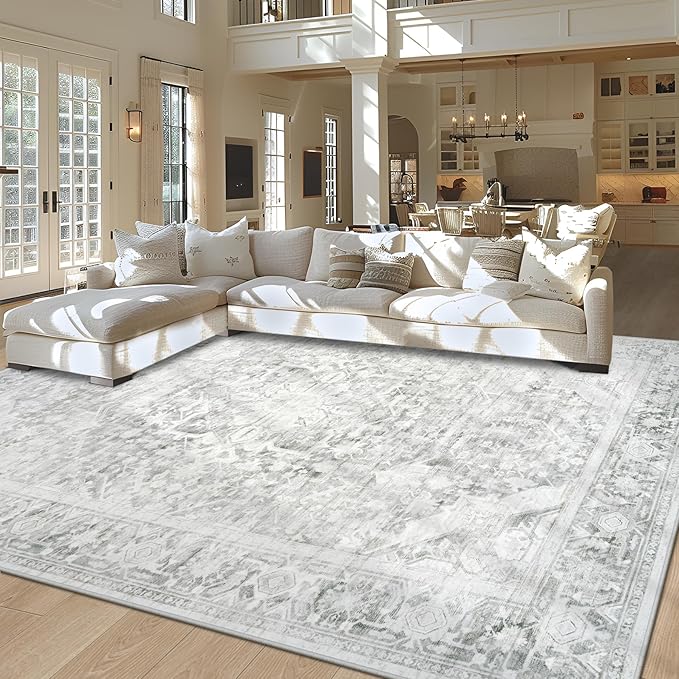 Washable Rugs 8x10 Area Rugs, Soft Vintage Living Room Rug with Anti-Skid Backing Stain Resistant Thin Indoor Carpet Large Area Rug for Bedroom Under Dining Room Table Nursery Entryway-Gray/Black