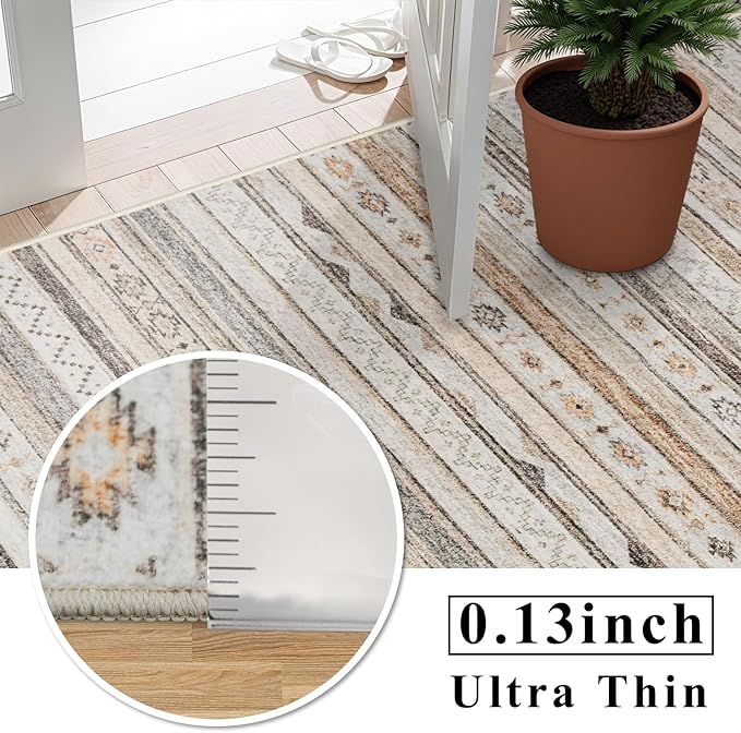 10x14 Rug for Living Room Washable, Large Striped Farmhouse Area Rugs for Bedroom Soft Ultra Thin Indoor Carpet Non Slip Stain Resistant Dining Room Rug Waterproof Southwest Style, 10x14 Beige/Multi