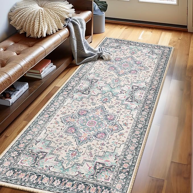 BESTSWEETIE 2x10 Area Rugs for Living Room, Washable Ultra Soft Boho Vintage Print Pattern Rug Non Slip Low Pile Carpet for Dining Room Bedroom Entryway Indoor-Multi/Blue/Beige/Pink