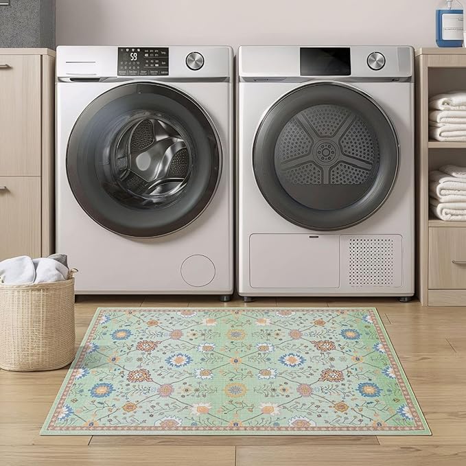 Syalife 2x3 Area Rugs, Non Slip Washable Small Rugs for Entryway, Kitchen, Bathroom, Kids Room, Low Pile Entry Throw Rug Indoor Front Door Mat (Green Floral, 2'x3')