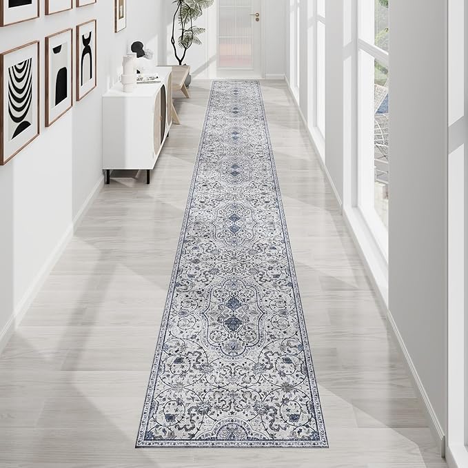 SALLOUS Runner Rug for Hallway, 3' x 14' Vinyl Floor Mat for Home, Area Rug for Living Room Bedroom, Waterproof Kitchen Mat, Runner Rug for Bathroom, Entryway (Grayish Blue Bohemian-Style)