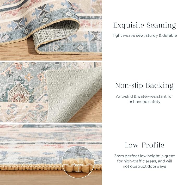 Phantoscope Vintage Collection Area Rug 9'x12' - Large Living Room Rug - Washable Rug Boho Rugs Non-Slip for Bedroom Dining Room, Low-Pile Floor Carpet Distressed Accent Rug, Dusty Blue/Multi