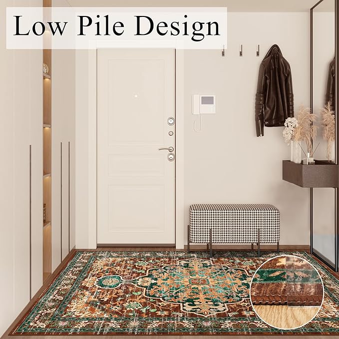 U'Artlines Boho Vintage Area Rug 8x10 Machine Washable Low Pile Ultra-Thin Soft Floor Carpet Non Slip Non Shedding Accent Rug for Living Room Bedroom Entryway Dining Room Office(Rust＆Teal)