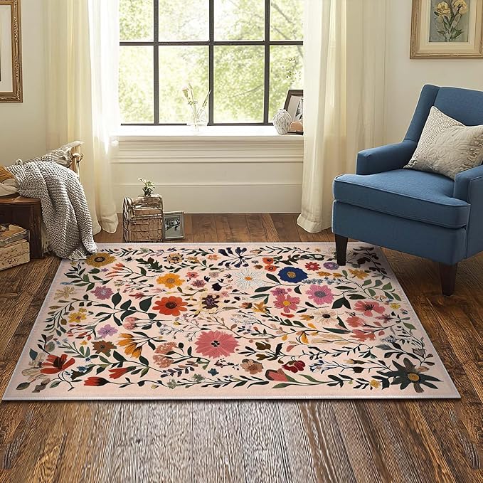 3x5 Entryway Rug Boho Floral Area Rug Bedroom Bedside Ultra-Thin Soft Small Carpet Bathroom Non Slip Indoor Entrance Low Pile Door Mat Kitchen Stain Resistant Washable Machine