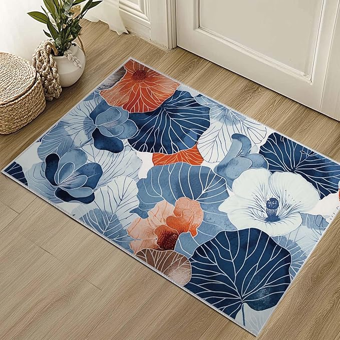 2x3 Entryway Rug Boho Botanical Leaf Japanese Navy Blue Orange Area Rug Ultra-Thin Soft Small Carpet Bathroom Non Slip Indoor Entrance Low Pile Door Mat Kitchen Stain Resistant Washable Machine