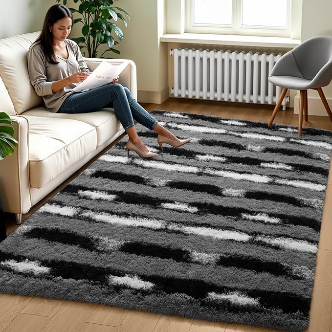 Zentavio Area Rugs for Living Room Rugs for Bedroom 4x6 Carpet Fluffy Fuzzy Soft Shag Aesthetic Plush High Pile Throw Rug for Nursery Kids Room Dorm Vertical Stripes Black White
