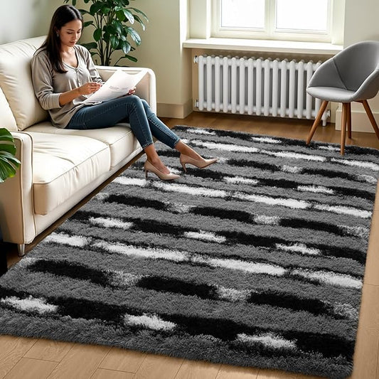 Zentavio Area Rugs for Living Room Rugs for Bedroom 4x6 Carpet Fluffy Fuzzy Soft Shag Aesthetic Plush High Pile Throw Rug for Nursery Kids Room Dorm Vertical Stripes Black White