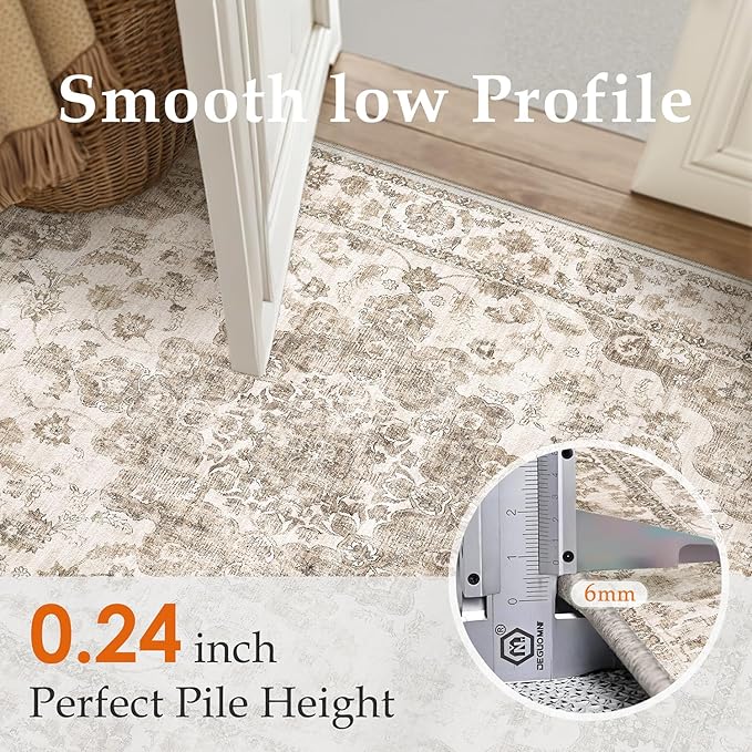10x12 Neutral Area Rug Brown Floral Living Room Bedroom Large Carpet Non-Slip Low Pile Vintage Soft Thin Washable Throw Rug for Dining Room Office Kitchen Indoor Nursery
