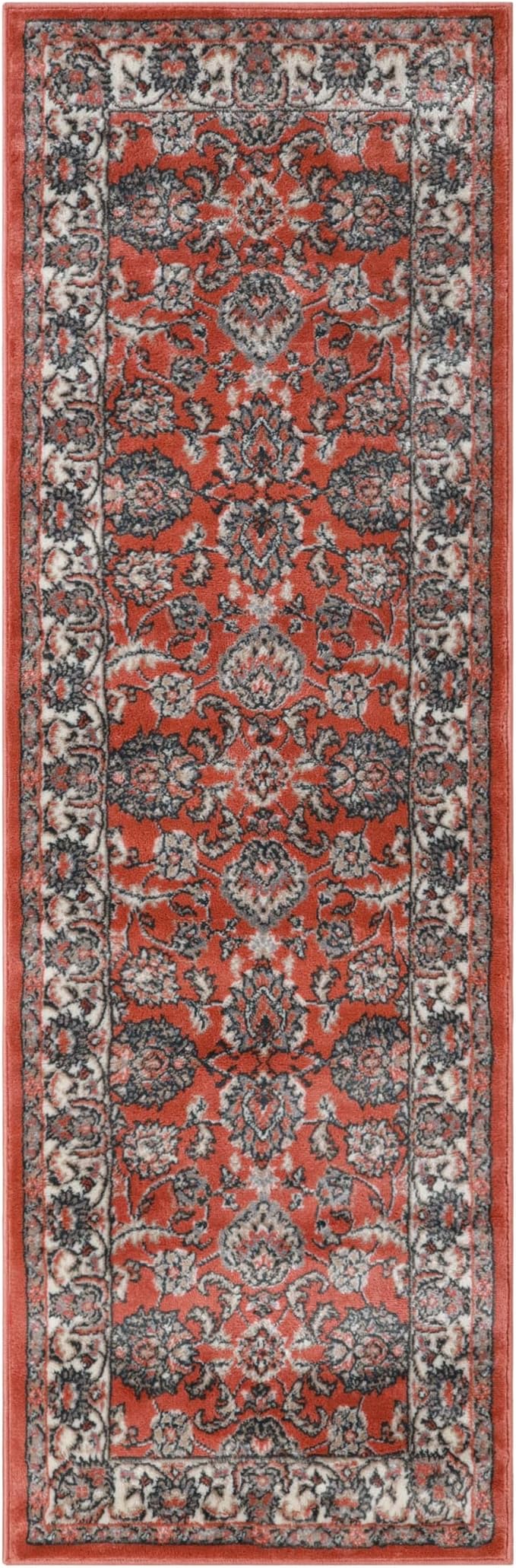 Superior Indoor Runner Rug, with Jute Backing, Chic Bordered Floor Decor for Living Room, Bedroom, Office, Entryway, Kitchen, Dining, Floral Design, Lille Collection, 2' 7" x 8', Salmon