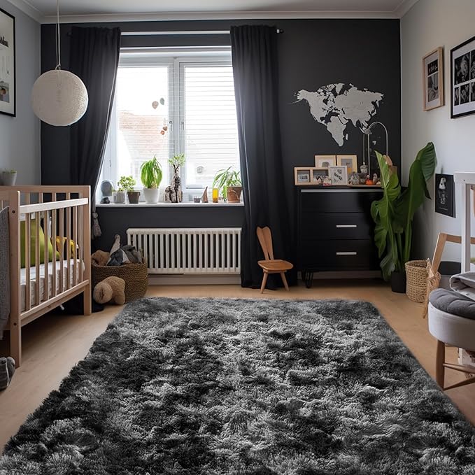 Zentavio Black and Grey Area Rugs for Living Room Large Men Room Carpet 8x10 Bedroom Fluffy Furry Shag Aesthetic Plush High Pile Floor Rug for Kids Room Dorm Home Decor Gray