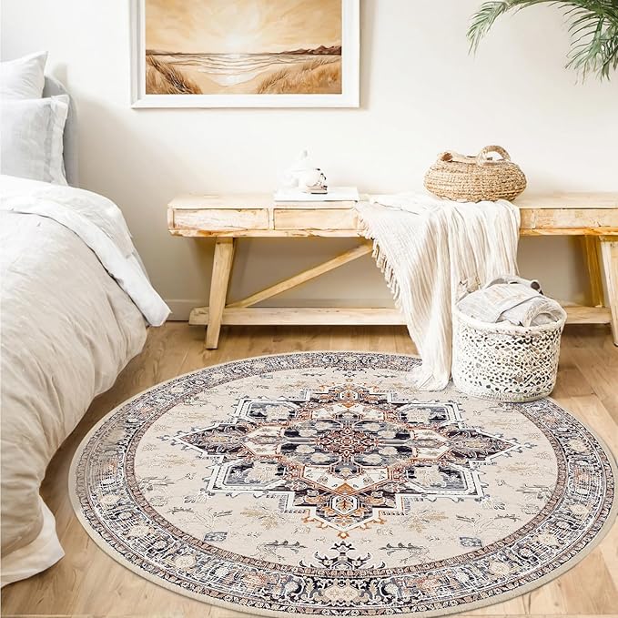 BESTSWEETIE 8ft Area Rugs for Living Room Washable Non Slip Carpet Low Pile Soft Vintage Print Pattern Rug for Bedroom Dining Room Kitchen Entryway Indoor-Khaki/Beige/Purple/Black/Brick