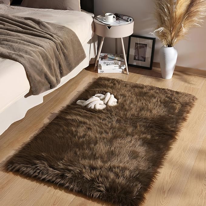 Ashler Faux Fur Rug - Fluffy Shaggy Area Rug, Ultra Soft 3 x 5 Feet Sheepskin Fur, Dark Coffee Fuzzy Machine Washable Shag, Nursery Decor Throw for Bedroom, Living Room, Kids Room