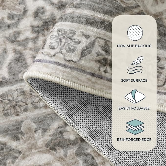 Lahome Oriental Hallway Runner Rug, 2.5x12 Washable Runners for Hallways Kitchen, Soft Distressed Non Shedding Long Carpet for Entryway ‎Laundry Room, Grey/Brown