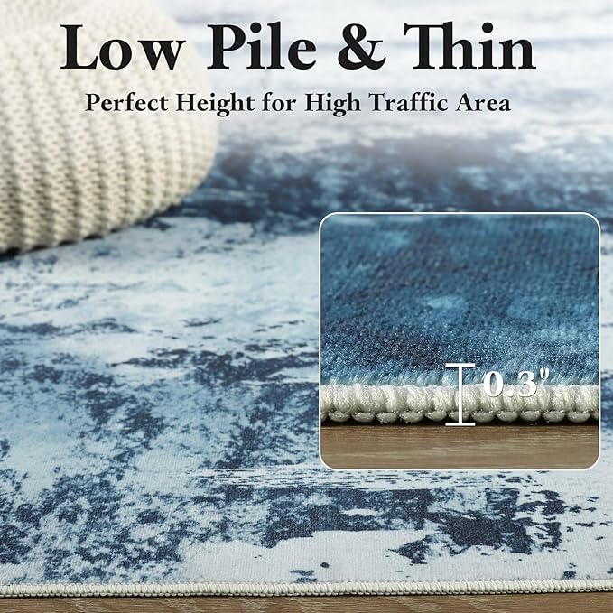 Washable Abstract Rug, 6x9 Modern Area Rugs with Non-Slip Rubber Backed for Living Room, Thin but Soft Contemporary Carpet Kitchen Bedroom Dining Room Decor, Blue White