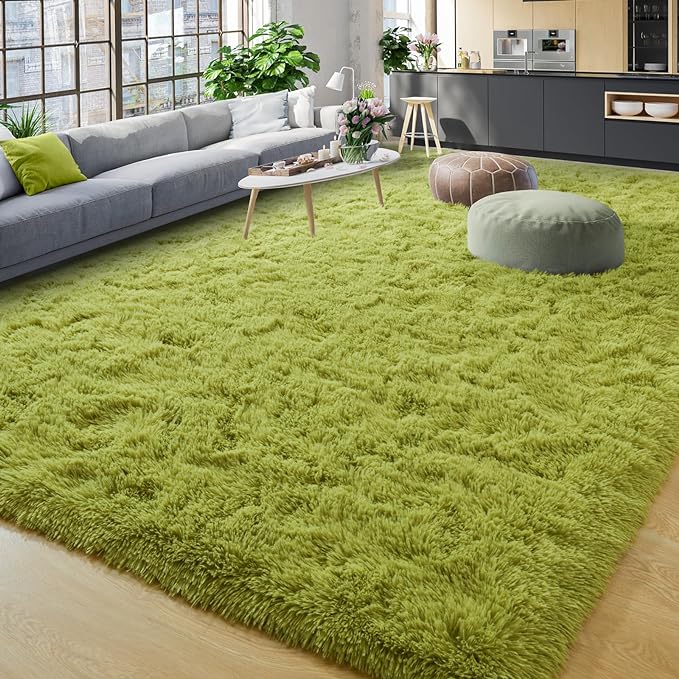 YJ.GWL Area Rugs for Living Room Bedroom, 5x8 Machine Washable Large Green Carpet, Soft Fluffy Shaggy Thick Big Shag Indoor Floor Rug for Kids Boy and Girls Room Dorm Home Decor Aesthetic