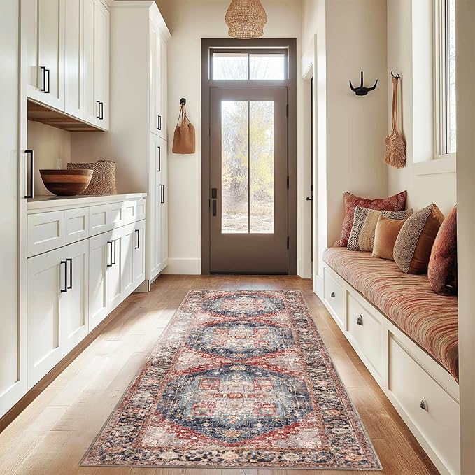 Washable 2x8 Area Rugs, Rugs for Living Room, Low-Pile Water&Stain Resistant Carpet Vintage Distressed Printed Non-Slip Carpet for Bedroom Bathroom Kitchen-Dark Red