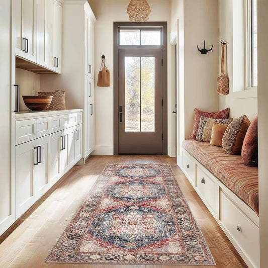 Washable 2x8 Area Rugs, Rugs for Living Room, Low-Pile Water&Stain Resistant Carpet Vintage Distressed Printed Non-Slip Carpet for Bedroom Bathroom Kitchen-Dark Red