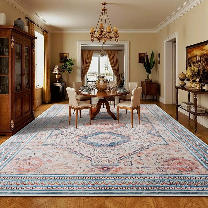 Maxsoft 5X8 Area Rug,Vintage Machine Washable Rugs for Living Room, Soft Non-Slip Low Pile Rug, Stain Resistant Rugs for Kitchen, Bedroom, Dining Room,Laundry Room,Nursery (Light Orange)