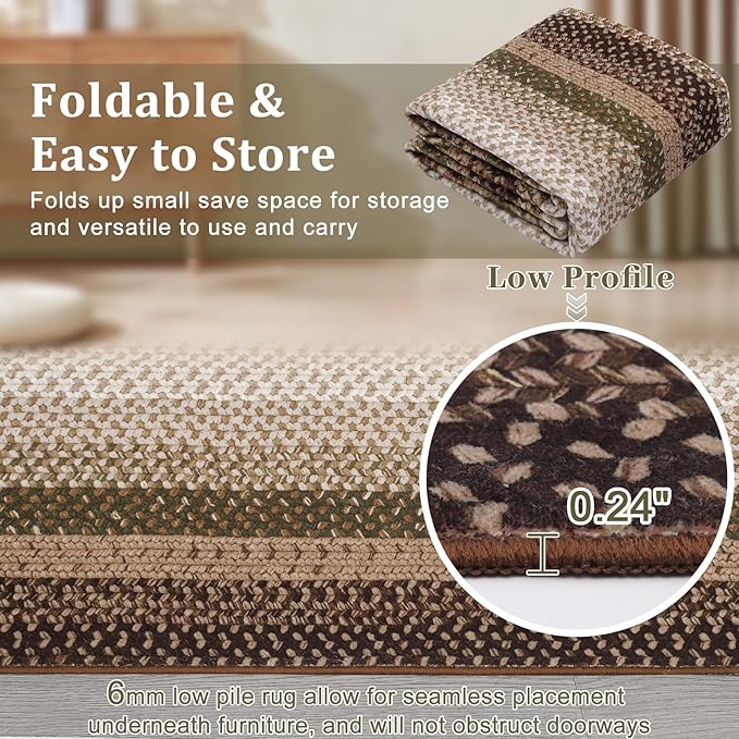 Imitation Braided Collection-Print Washable Runner Rugs 2x6 Hallway Rug with Non-Slip Backing, Farmhouse Low PileCarpet, Contemporary Bordered Indoor Mat for Bedroom, Kitchen, Laundry