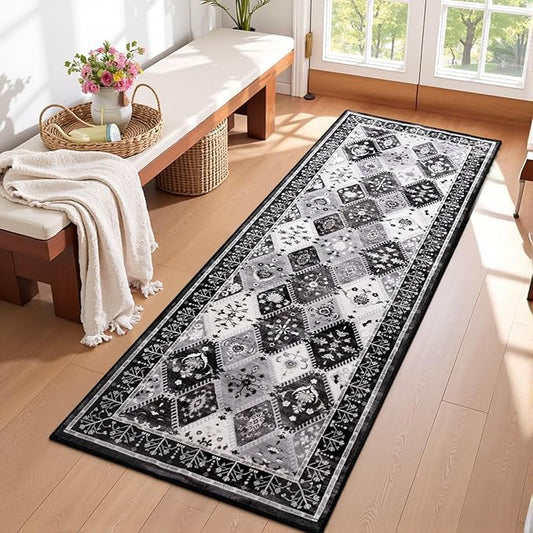 Black/Grey Washable Kitchen Runner Rug, 2x6 Boho Non-Slip Bedroom Rugs, Moroccan Floral Trellis Hallway Carpet Soft Low Pile Vintage Indoor Mat for Entryway Bedside Bathroom