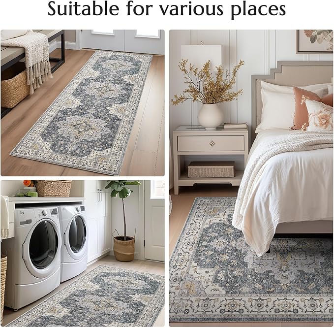 jinchan Runner Rug 3x8 Vintage Hallway Runner Boho Washable Rug Floral Medallion Retro Non Slip Classic Thin Soft Carpet for Kitchen Bedroom Bathroom Laundry Room Doorway Grey