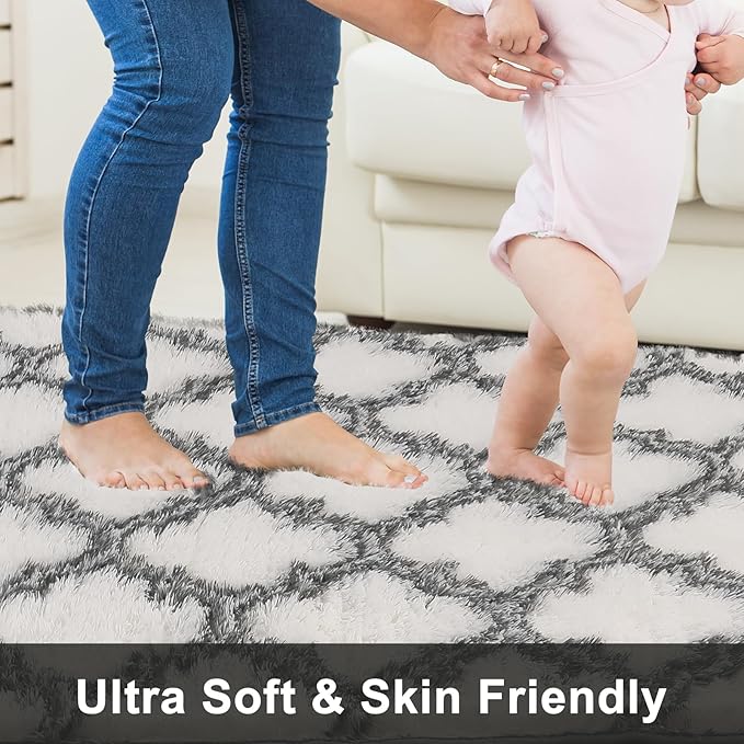4x5.8 Plush Area Rug, High Pile Rugs for Living Room, Ultra Soft Indoor Carpet for Bedroom, Kids Room, Playroom, Home Decor, Geometric, White/Black