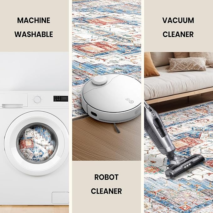Washable 9x12 Area Rugs, Rugs for Living Room, Low-Pile Water&Stain Resistant Carpet Vintage Distressed Printed Non-Slip Carpet for Bedroom Bathroom Kitchen-Blue