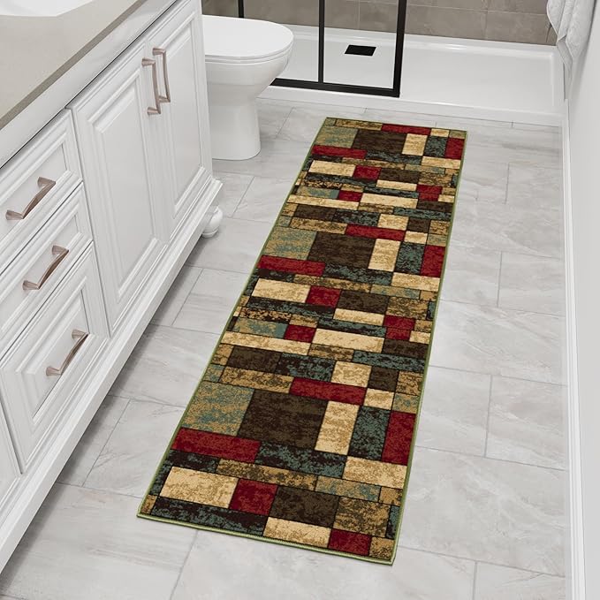 Ottomanson Hallway Runner Rug 1'10" x 7' Non Slip Boxes Area Rugs Easy to Clean Laundry Rug Runner Durable & Pet Friendly Floor Carpet Runners for Hallways Entryway Living Room Kitchen, Multicolor