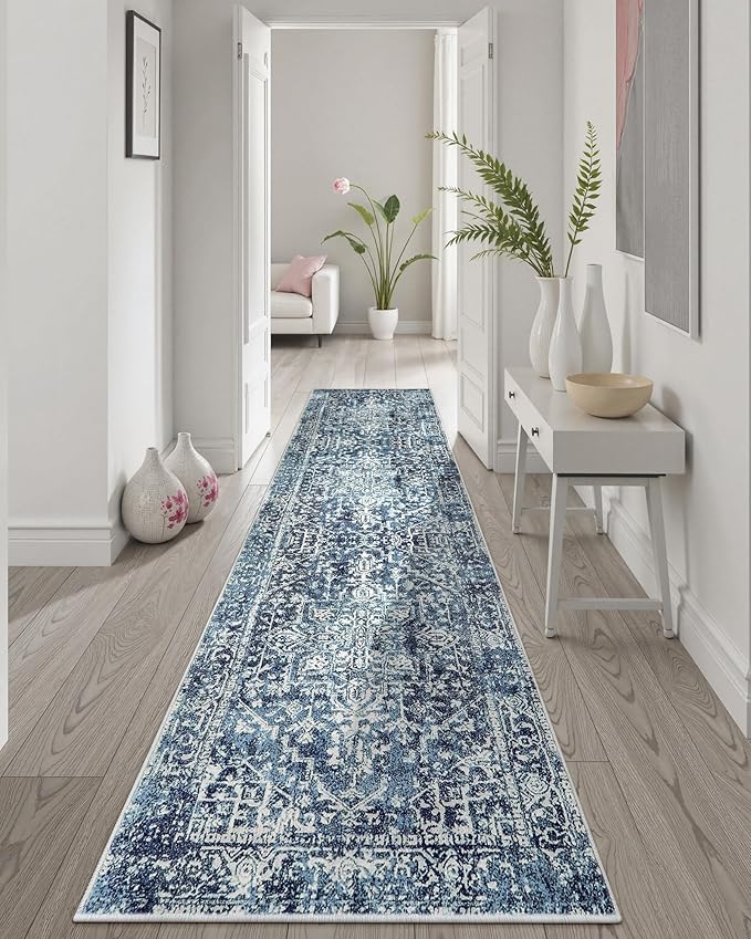 Morebes Vintage 2x8 Runner Rug for Hallways Non Slip, Washable Kitchen Runner Rugs Distressed Bath Mat, Medallion Indoor Floor Carpet for Entryway Laundry Foyer, Deep Blue