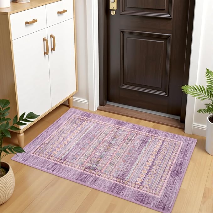 2x3 Small Rugs for Bedroom, Washable Aztec Geometric Indoor Entryway Door Rug with Non-Slip Backing, Soft Moroccan Throw Rug Western Carpet for Kitchen Home Office, Purple & Pink