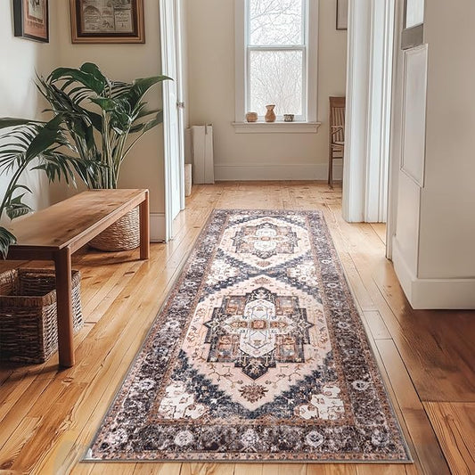 Washable 2x6 Area Rugs, Rugs for Living Room, Low-Pile Water&Stain Resistant Carpet Vintage Distressed Printed Non-Slip Carpet for Bedroom Bathroom Kitchen-Pink/Brown/Navy Blue/Black