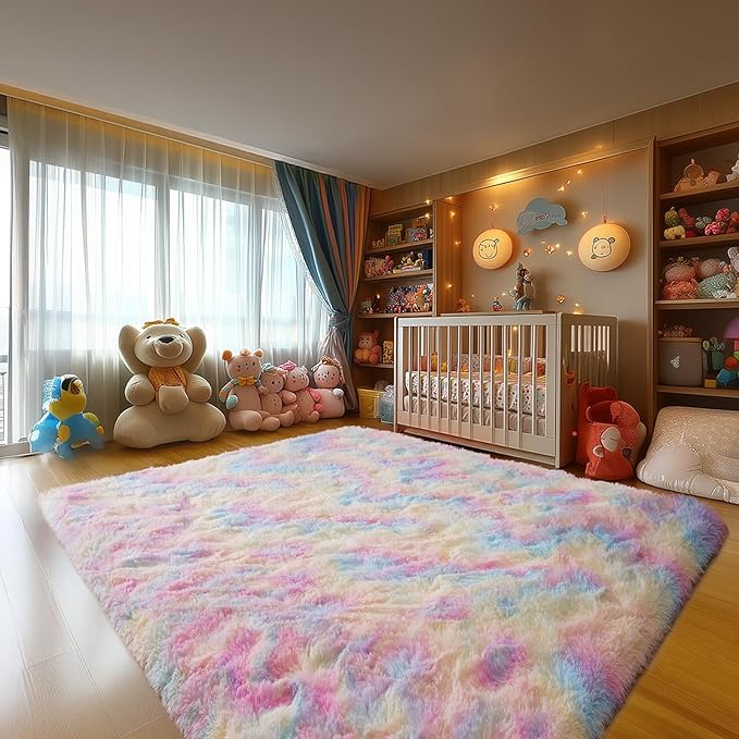 Zentavio Unicorn Rugs for Girls Room 6x9 Area Rugs for Living Room Carpet for Bedroom Washable Soft Fluffy Shag Aesthetic Plush High Pile Throw Rug for Nursery Kids Room Dorm Room Rainbow