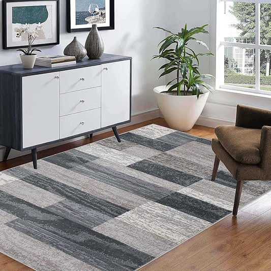SUPERIOR Indoor Area Rug, Jute Backed, Modern Geometric Patchwork Floor Decor for Bedroom, Office, Living Room, Entryway, Hardwood Floors, Rockwood Collection, 8' x 10', Blue-Taupe