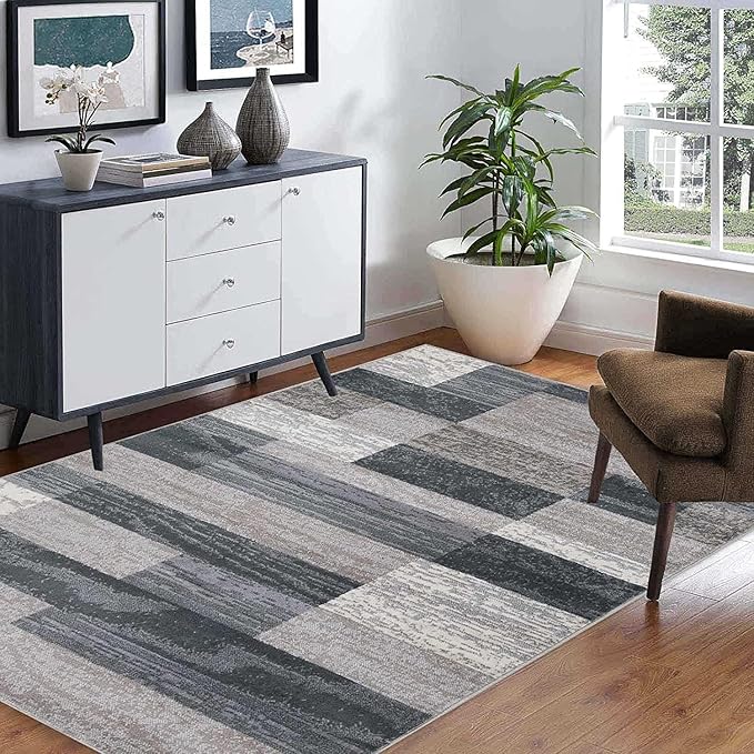 SUPERIOR Indoor Area Rug, Jute Backed, Modern Geometric Patchwork Floor Decor for Bedroom, Office, Living Room, Entryway, Hardwood Floors, Rockwood Collection, 3' x 5', Blue-Taupe