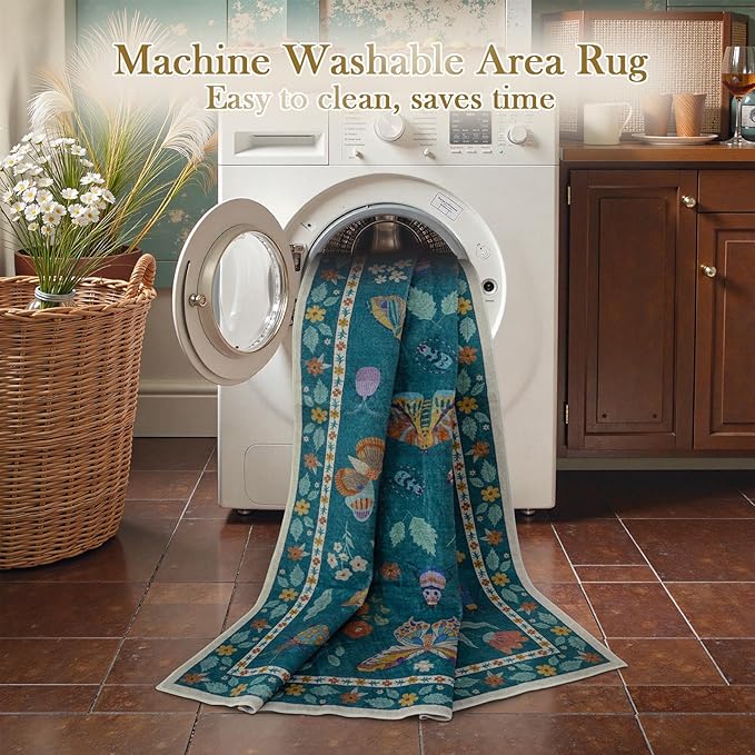 Beeiva Insect Print Bedroom Rug 8x10 Under Bed Non Slip, Foldable Washable Rugs 8x10, Soft Low Pile 8 x 10 Green Area Rug for Bedroom Large Carpet for Kids Room, Playroom, Living Room - Dark Green